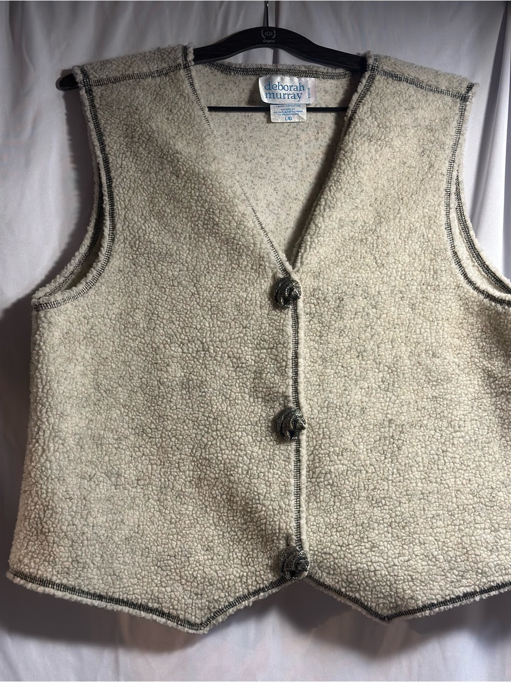 VTG 90s Deborah Murray Cream Sherpa Vest with Grizzly Bear Buttons